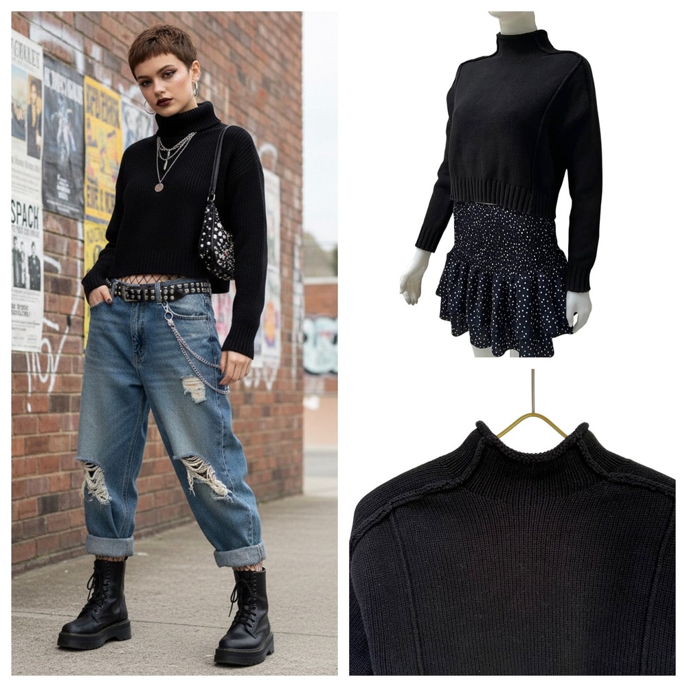 Black Cropped Mock Neck Exposed Seam Knit Sweater Women Small Grunge Goth Y2K